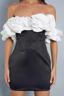 Diamante Embellished Contrast Frill Bardot Bodycon Mini Dress
