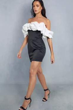 Diamante Embellished Contrast Frill Bardot Bodycon Mini Dress