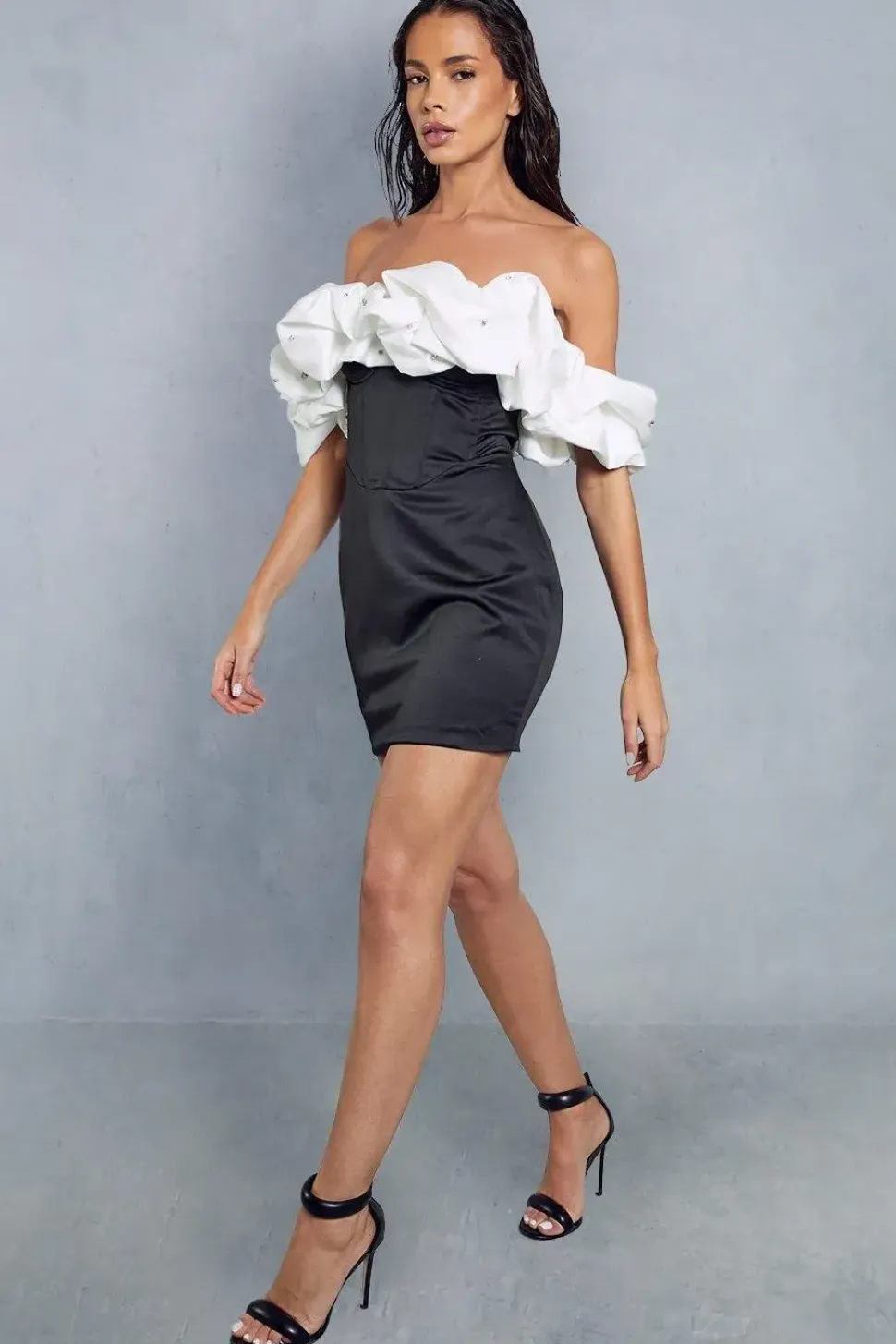 Diamante Embellished Contrast Frill Bardot Bodycon Mini Dress