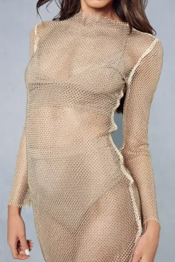 Diamante Fishnet Long Sleeve Mini Dress
