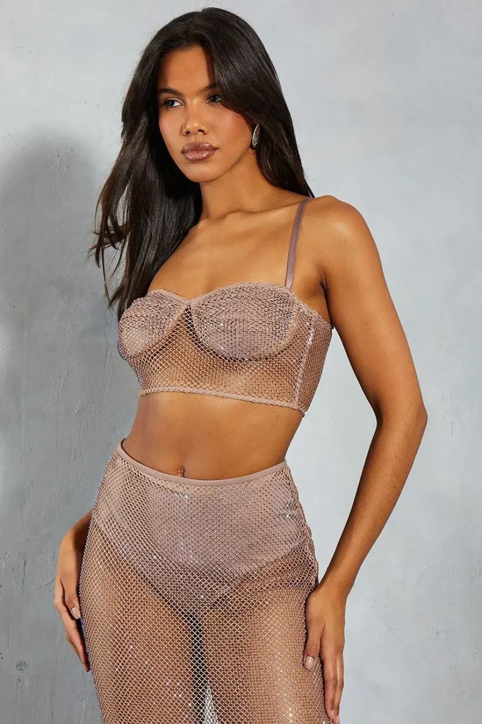 Diamante Fishnet Ruched Bust Strappy Bralet