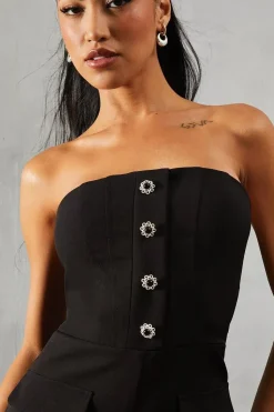 Diamante Pearl Button Detail Bandeau Wide Leg Jumpsuit