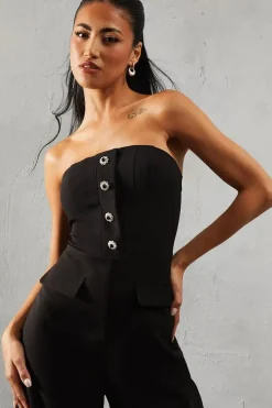 Diamante Pearl Button Detail Bandeau Wide Leg Jumpsuit