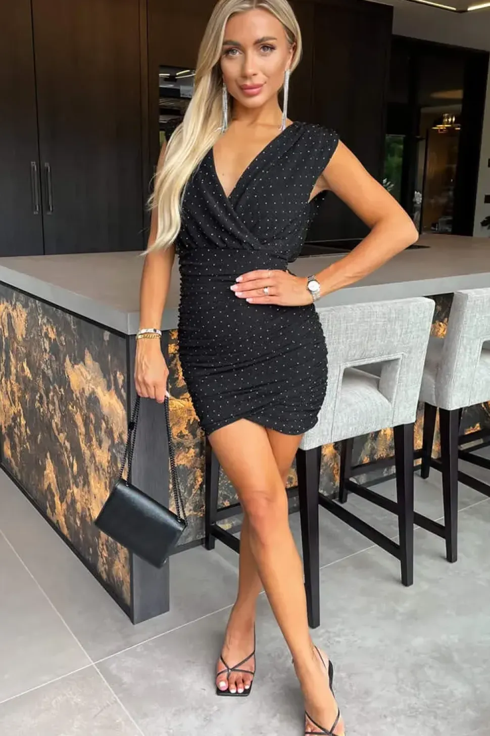 Diamante Sparkle Sleeveless Wrap Top Ruched Mini Dress