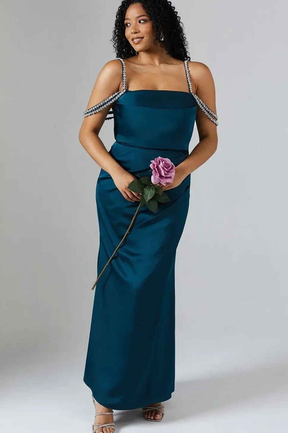 Diamante Trim Draped Shoulder Maxi Dress