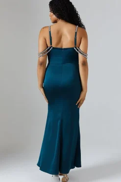Diamante Trim Draped Shoulder Maxi Dress