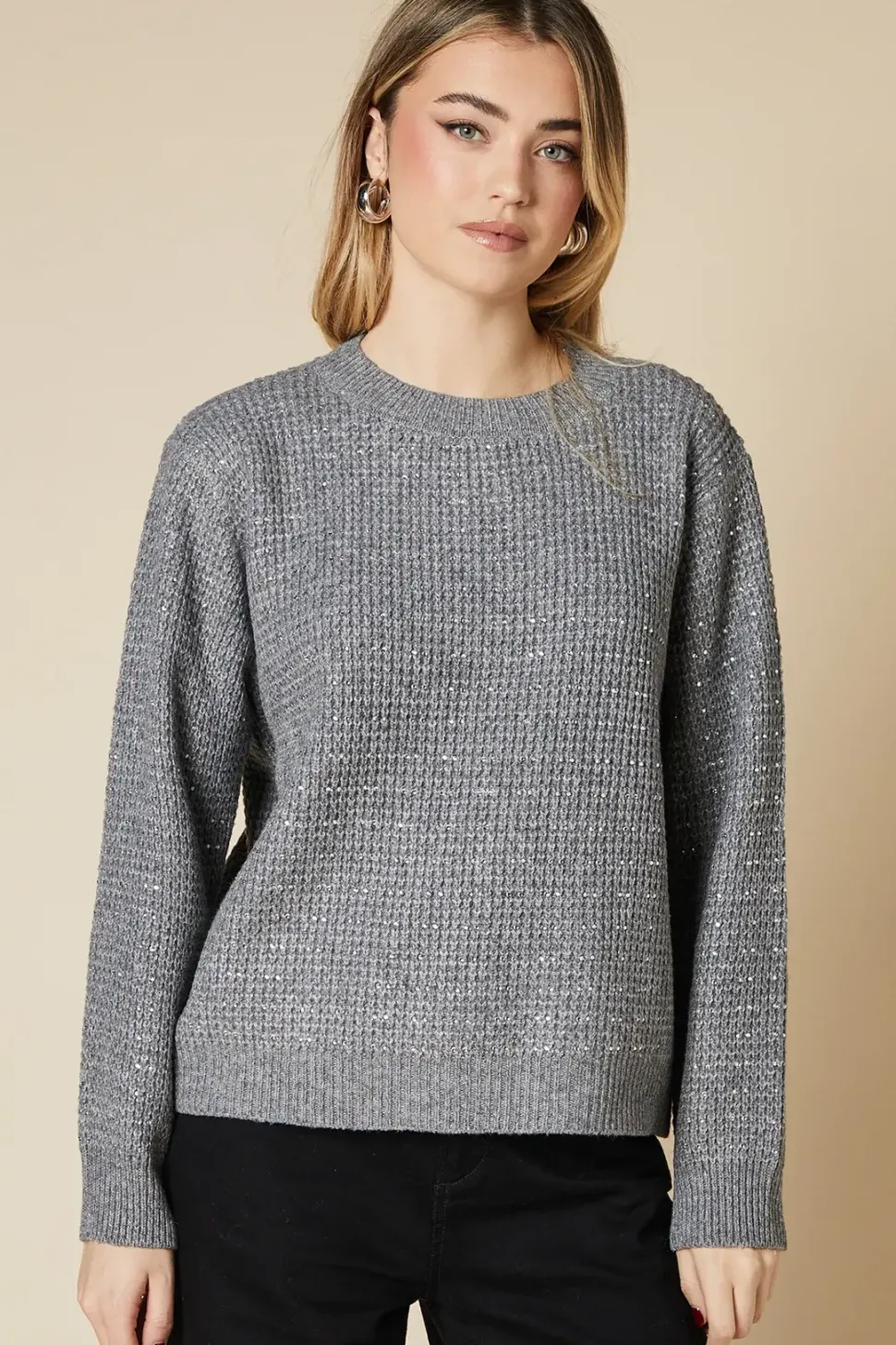 Diamante Waffle Knitted Crew Neck Jumper