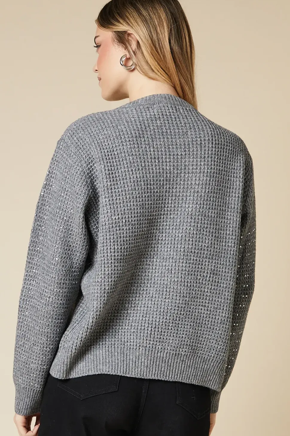 Diamante Waffle Knitted Crew Neck Jumper