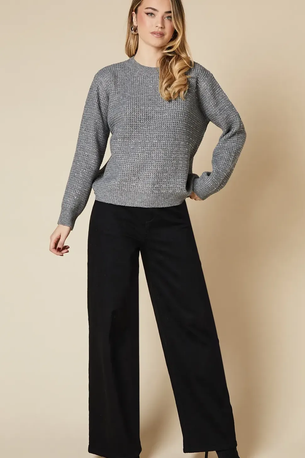 Diamante Waffle Knitted Crew Neck Jumper