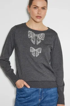 Di Sequin Bow Crew Neck Jumper Grey