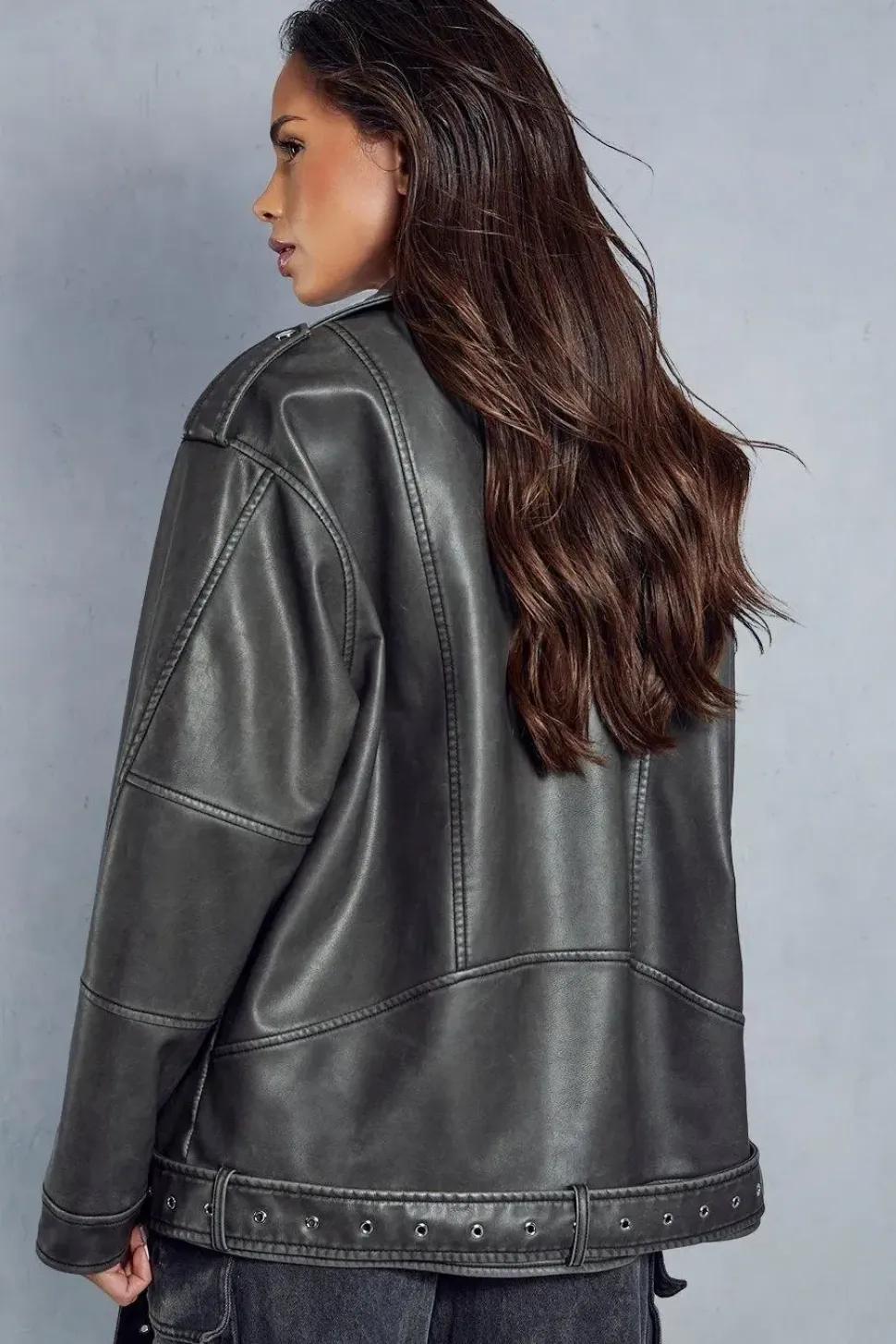 Distressed Leather Look Midi Biker Jacket