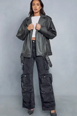 Distressed Leather Look Midi Biker Jacket