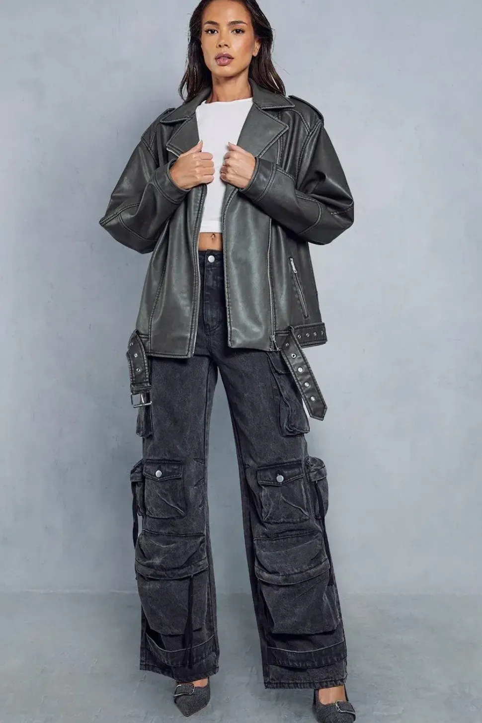 Distressed Leather Look Midi Biker Jacket
