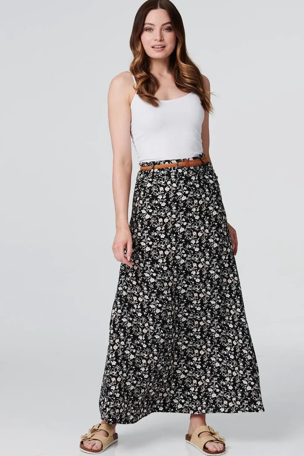 Ditsy Ankle Length Belted Skirt