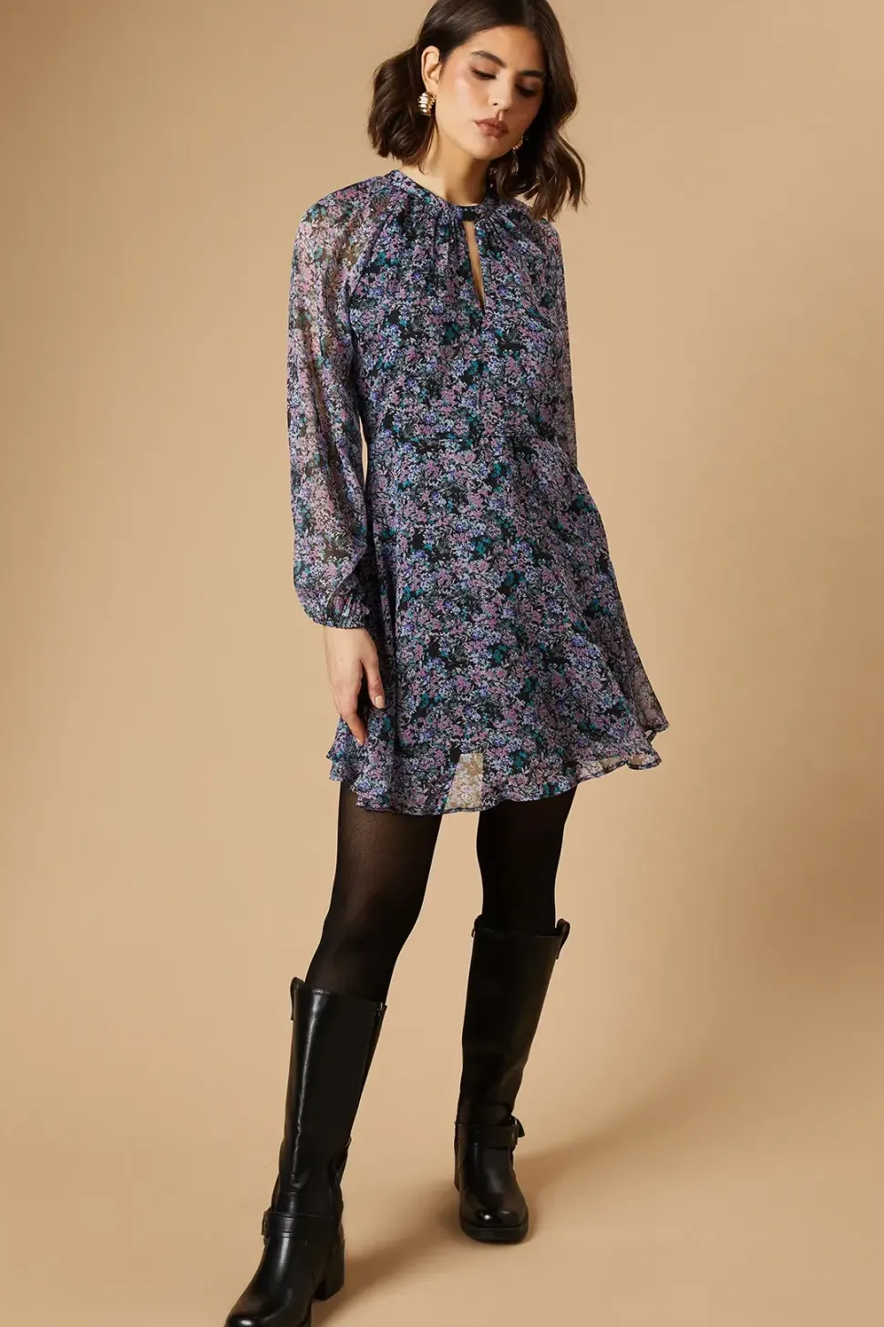 Ditsy Chiffon Keyhole Mini Dress
