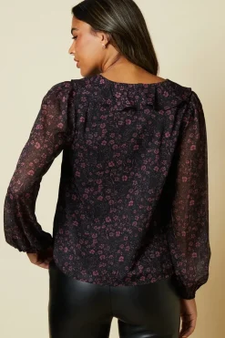 Ditsy Floral Chiffon Ruffle Front Long Sleeve Blouse