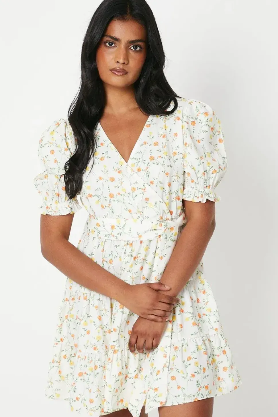 Ditsy Floral Crepe Wrap Front Belted Mini Dress