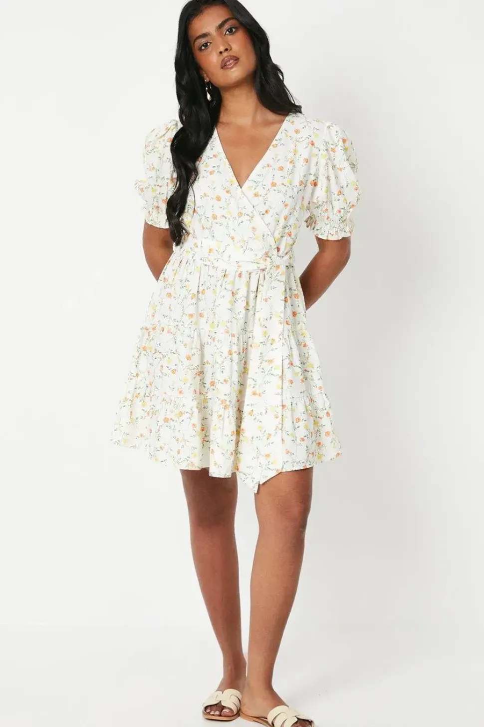 Ditsy Floral Crepe Wrap Front Belted Mini Dress