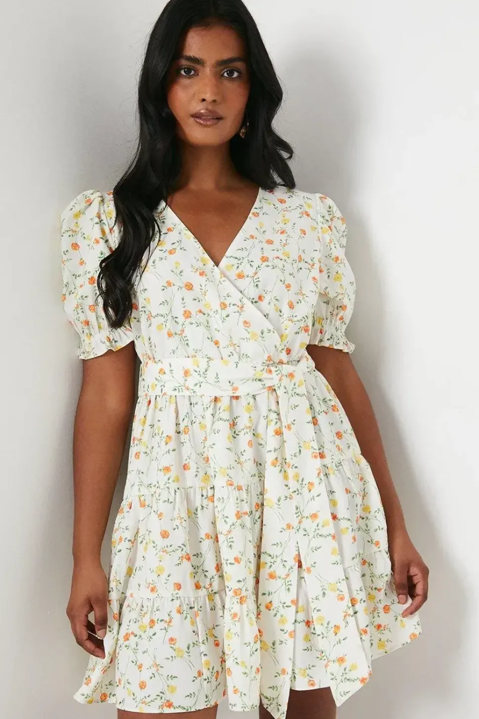 Ditsy Floral Crepe Wrap Front Belted Mini Dress