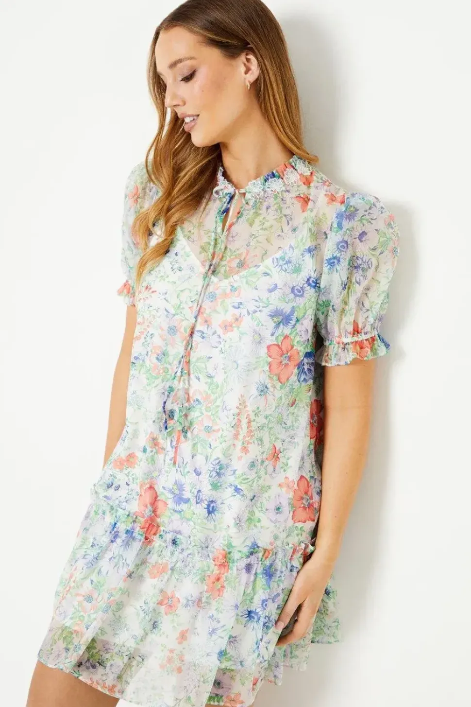 Ditsy Floral 3d Flower Puff Sleeve Mini Dress