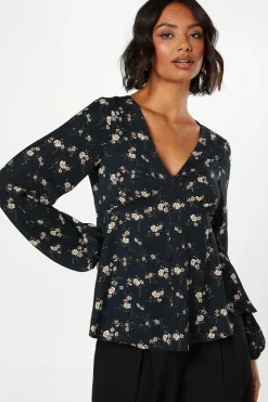 Ditsy Floral Long Sleeve Button Front Tea Blouse