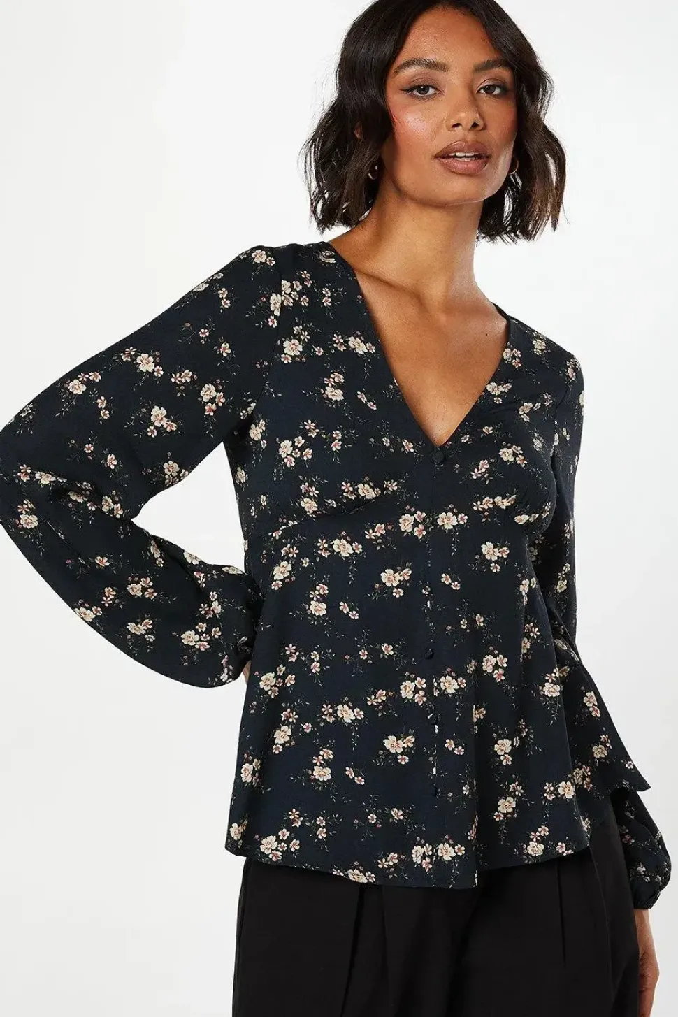 Ditsy Floral Long Sleeve Button Front Tea Blouse