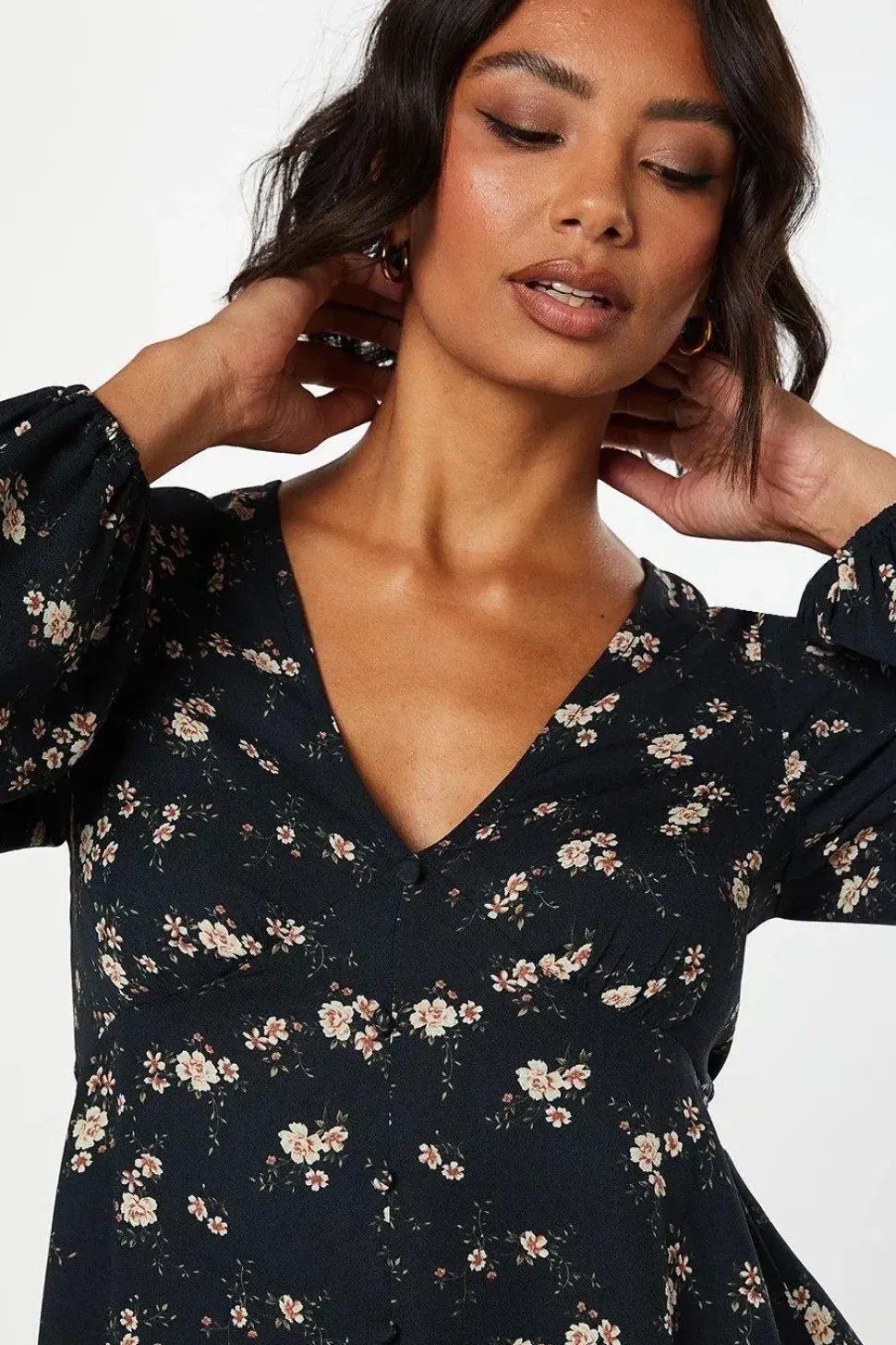 Ditsy Floral Long Sleeve Button Front Tea Blouse