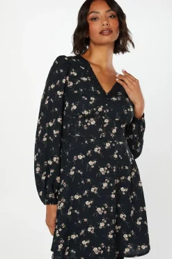Ditsy Floral Long Sleeve Lace Trim Button Front Mini Dress