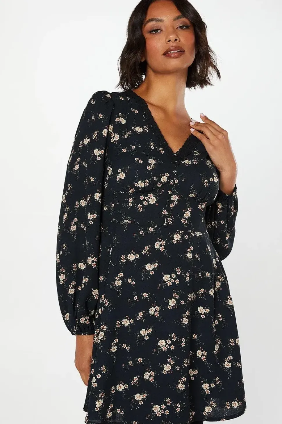 Ditsy Floral Long Sleeve Lace Trim Button Front Mini Dress