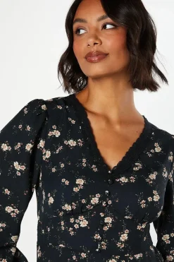 Ditsy Floral Long Sleeve Lace Trim Button Front Mini Dress