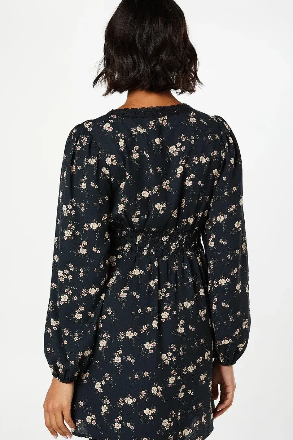 Ditsy Floral Long Sleeve Lace Trim Button Front Mini Dress