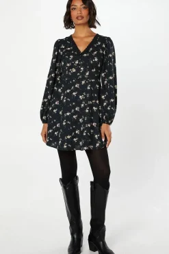 Ditsy Floral Long Sleeve Lace Trim Button Front Mini Dress