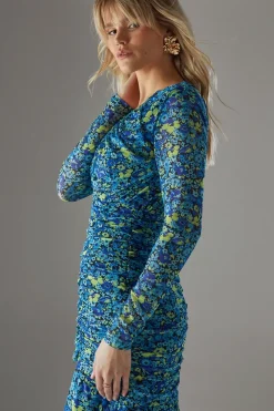 Ditsy Floral Mesh Gathered Front Midi Dress