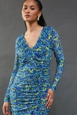Ditsy Floral Mesh Gathered Front Midi Dress