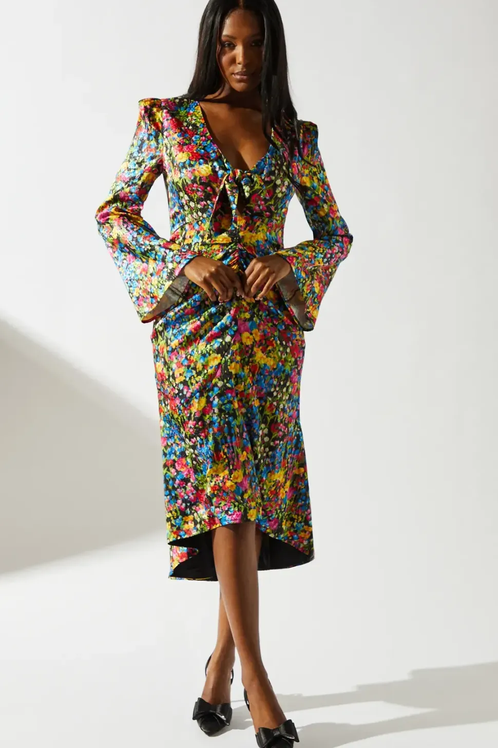 Ditsy Floral Printed Jacquard Knot Front Dress