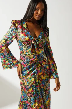 Ditsy Floral Printed Jacquard Knot Front Dress