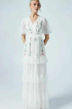 Ditsy Floral Puff Sleeve Embroidered Tiered Mesh Wedding Dress