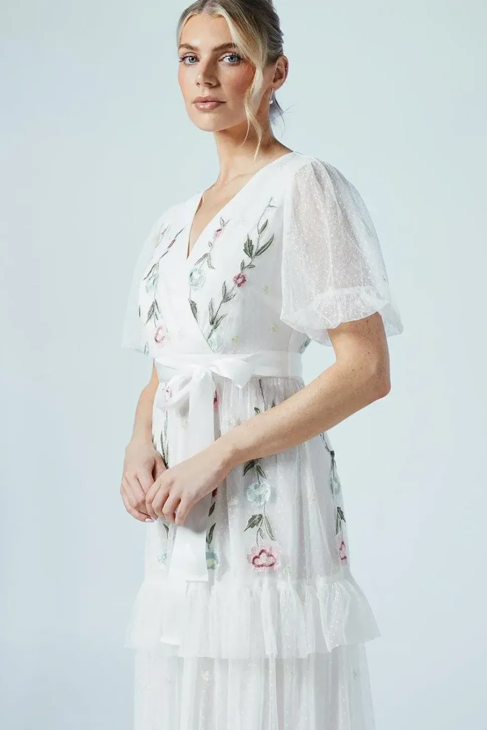 Ditsy Floral Puff Sleeve Embroidered Tiered Mesh Wedding Dress