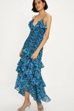 Ditsy Floral Ruched Ruffle Dip Hem Midi Dress