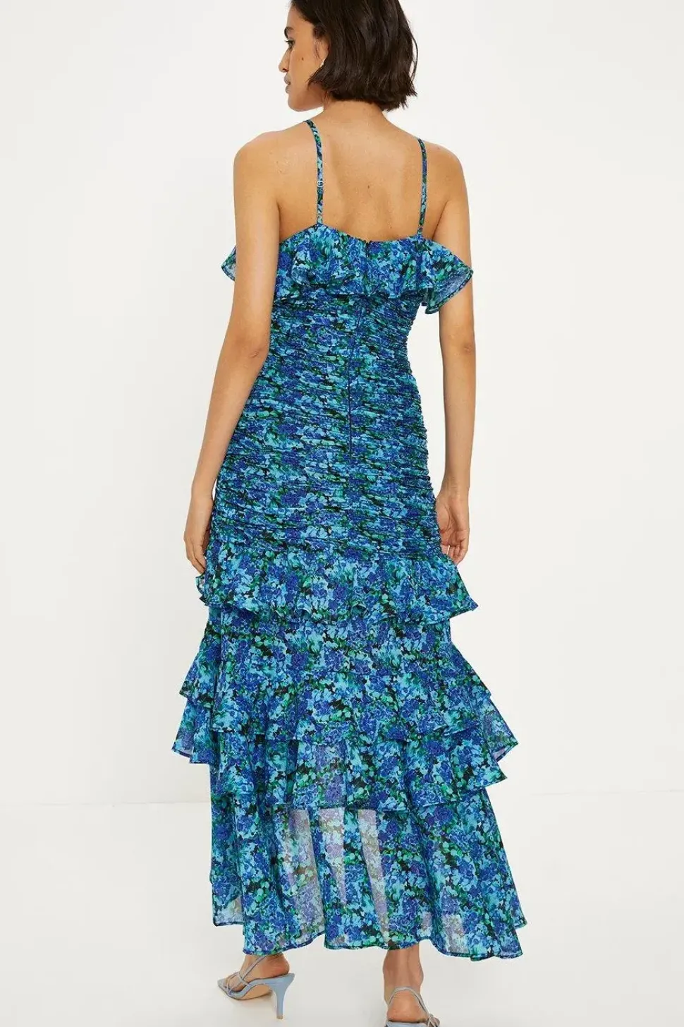 Ditsy Floral Ruched Ruffle Dip Hem Midi Dress