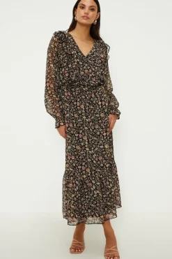 Ditsy Floral Ruffle Tiered Hem Midi Dress