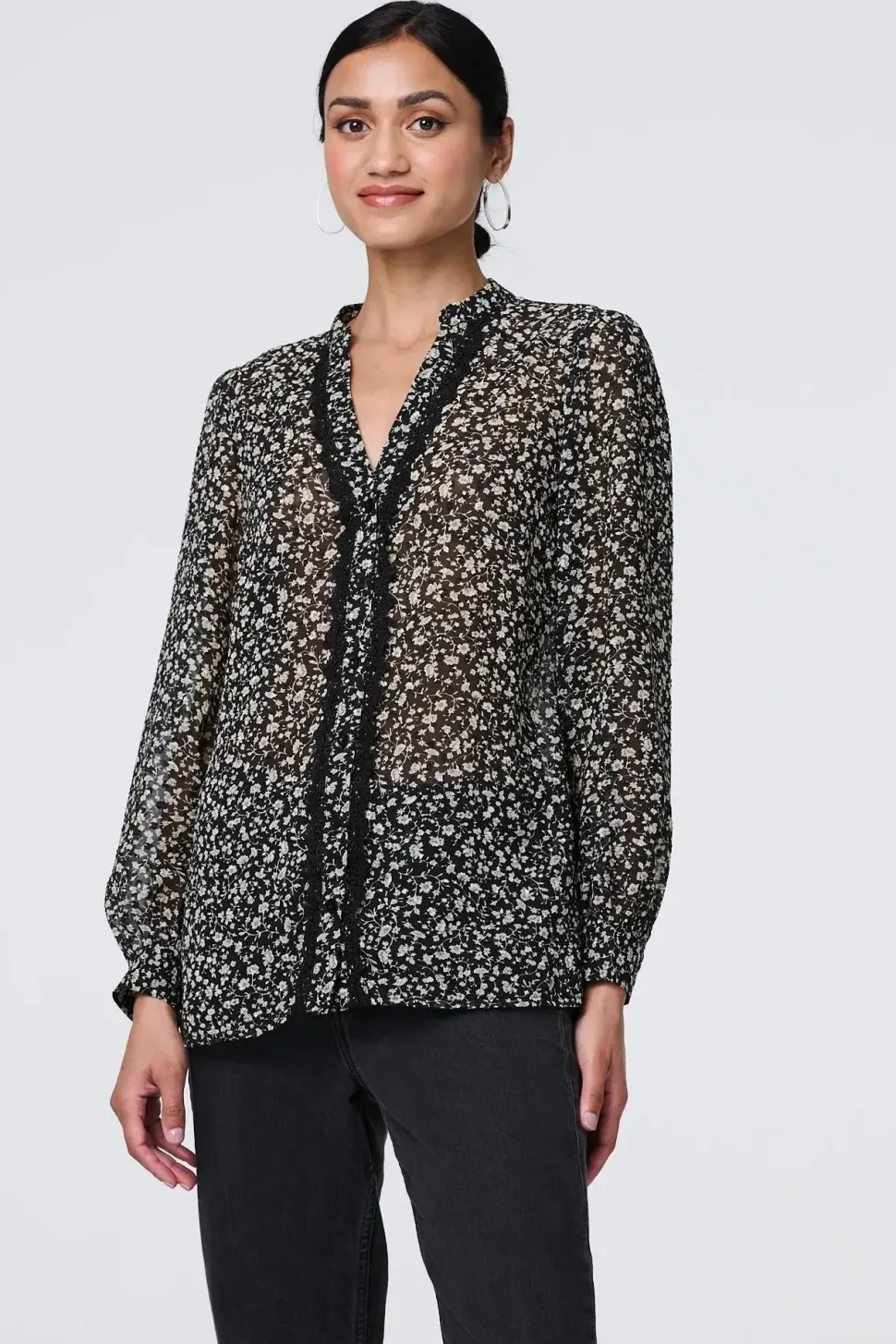 Ditsy Floral Semi Sheer Long Sleeve Blouse