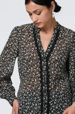 Ditsy Floral Semi Sheer Long Sleeve Blouse