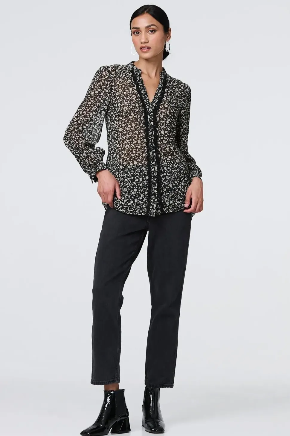 Ditsy Floral Semi Sheer Long Sleeve Blouse