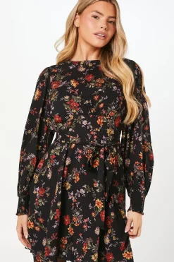Ditsy Floral Shirred Cuff Mini Dress