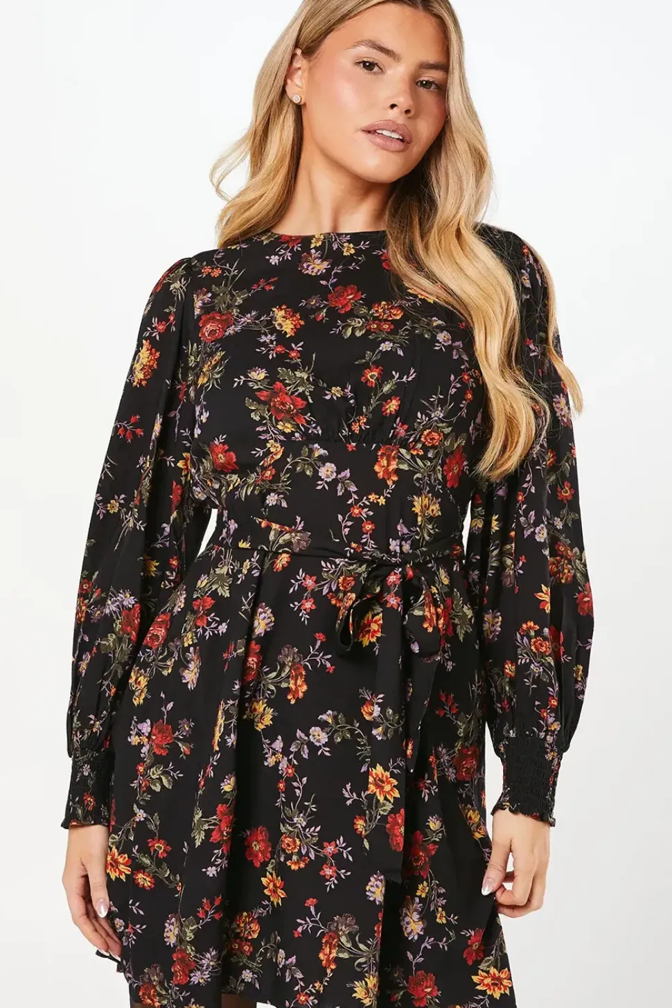 Ditsy Floral Shirred Cuff Mini Dress