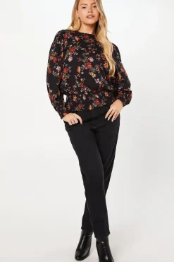 Ditsy Floral Shirred Hem Long Sleeve Blouse