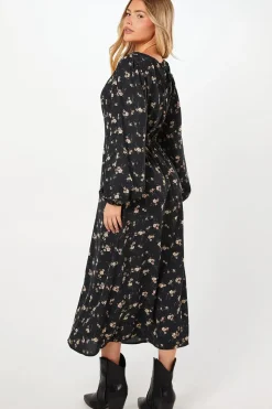 Ditsy Floral Shirred Waist Long Sleeve Midi Dress