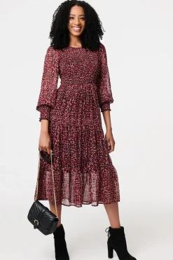 Ditsy Floral Tier Puff Sleeve Midi Dress