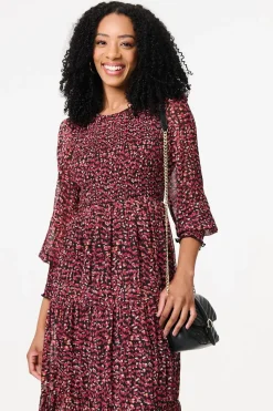 Ditsy Floral Tier Puff Sleeve Midi Dress